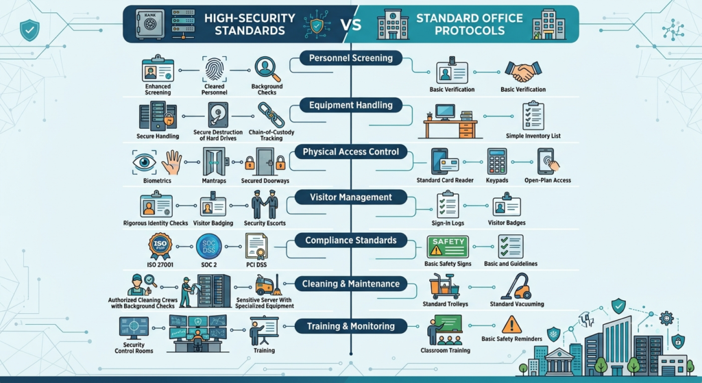An informative comparison infographic titled "High-Security Standards vs Standard Office Protocols." The graphic is split vertically down the middle, contrasting seven security areas: Personnel Screening, Equipment Handling, Physical Access Control, Visitor Management, Compliance Standards, Cleaning & Maintenance, and Training & Monitoring. The left side uses icons representing high-security controls like biometric scanners, security escorts, ISO/SOC certifications, and background-checked authorized crews. The right side shows standard commercial office practices using simpler icons for keypads, basic sign-in logs, standard trolleys, and basic safety guidelines.