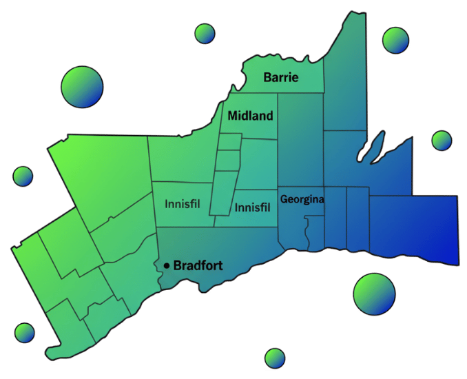 This is the list of my Locations. Create Image with color combination of #58b350 #1159a7 in a gradient form Central Ontario / Georgian Bay & Surrounding