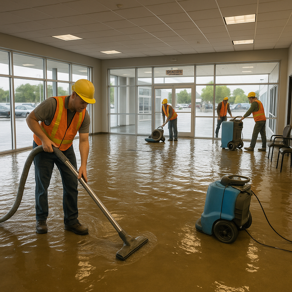 20251018_0945_Flooded Dealership Cleanup_simple_compose_01k7tre2bxe6mbyv55s0gn2z5k flood restoration cleaning service