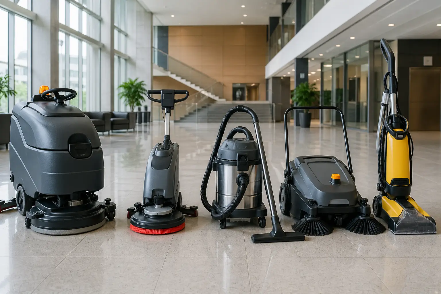 Professional floor cleaning equipment including scrubbers, vacuum, and sweepers displayed in a modern commercial lobby with polished tile flooring