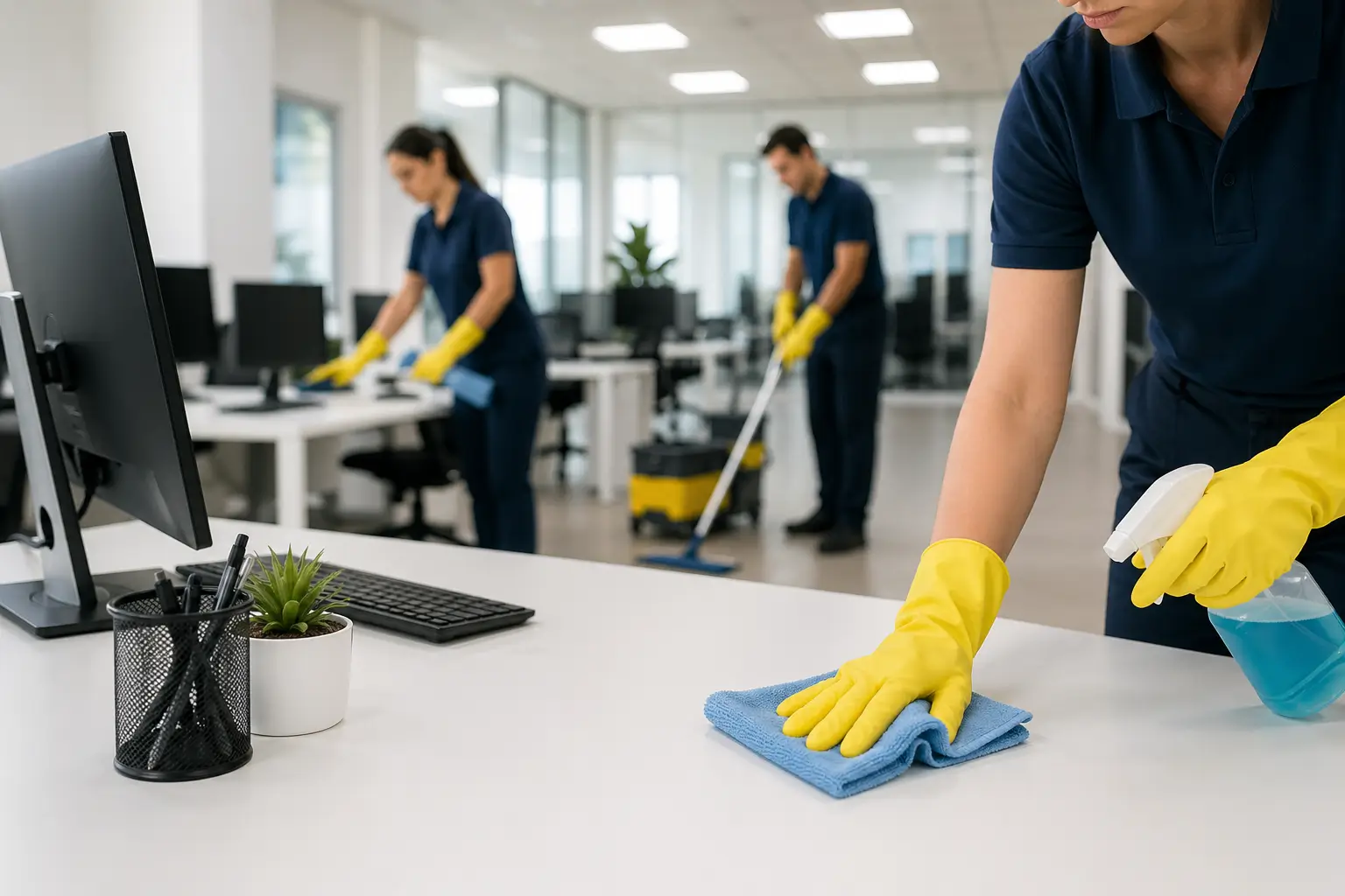 Professional cleaning staff sanitizing desks and floors in a modern open-plan office workspace