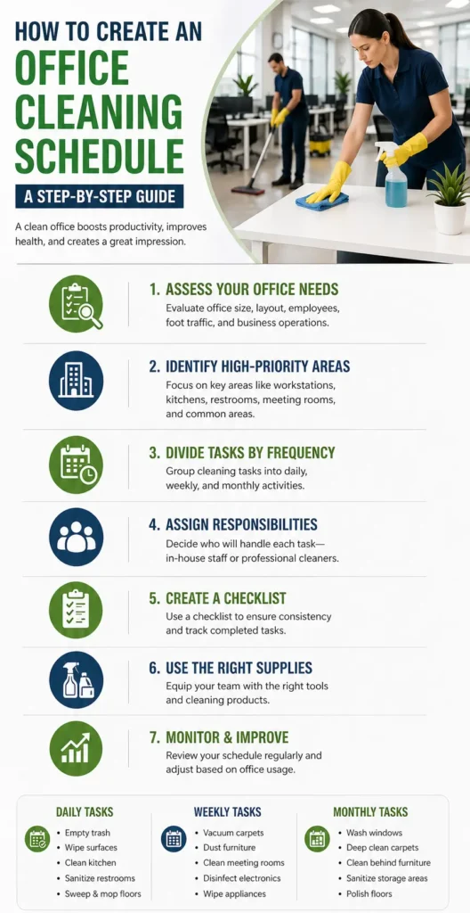 Minimal office cleaning schedule infographic showing key steps, task categories, and cleaning staff working in a modern workspace
